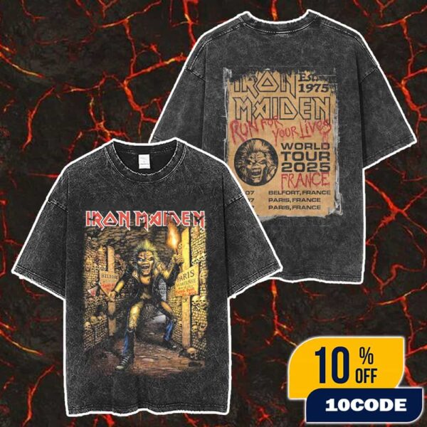 Iron Maiden Run For Your Lives World Tour Paris Event Tee Eddie The Head Artwork At France July 19-20 2025 Merch Unisex Two Sided Washed T-Shirt