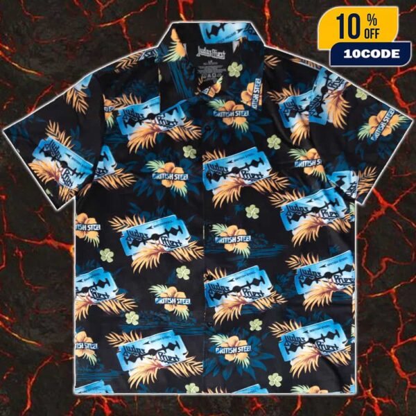 Judas Priest Merch New 2025 Collection Arrivals British Steel Summer Hawaiian Shirt And Beach Shorts