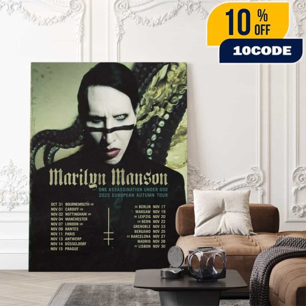 Marilyn Manson One Assassination Under God 2025 European Autumn Tour Dates Poster Artwork By Bill Yukich Poster Canvas Home Decor