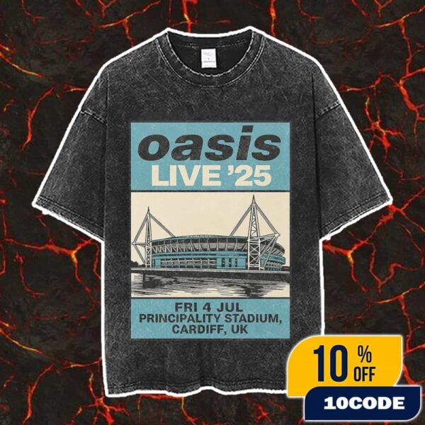 Oasis Event Poster Print Live ’25 4 July 2025 At Principality Stadium Cardiff UK Artwork By On Demand Artwork Vintage Washed Unisex T-Shirt