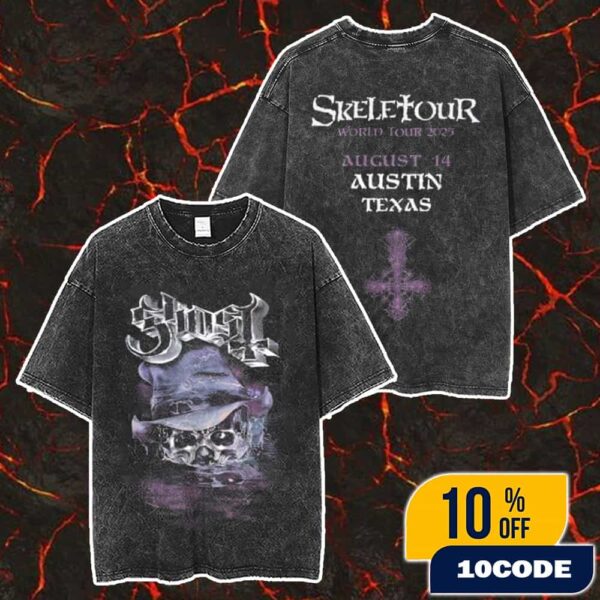 Official Ghost Band Merch Skeletour 2025 August 14 At Austin Texas Exclusive Merch Unisex Two Sided Washed T-Shirt