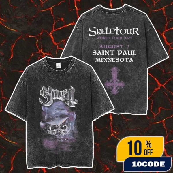 Official Ghost Band Merch Skeletour 2025 August 2 At Saint Paul Minnesota Exclusive Merch Unisex Two Sided Washed T-Shirt