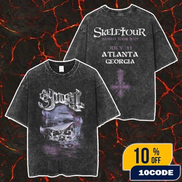 Official Ghost Band Merch Skeletour 2025 July 11 At Atlanta Georgia Merch Unisex Two Sided Washed T-Shirt