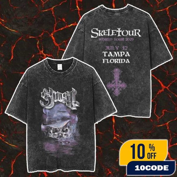 Official Ghost Band Merch Skeletour 2025 July 12 At Tampa Florida Exclusive Merch Unisex Two Sided Washed T-Shirt