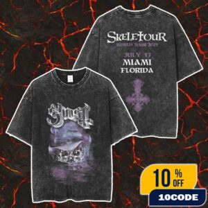 Official Ghost Band Merch Skeletour 2025 July 13 At Miami Florida Exclusive Merch Unisex Two Sided Washed T-Shirt