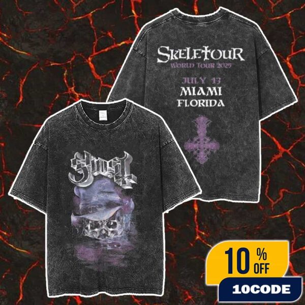 Official Ghost Band Merch Skeletour 2025 July 13 At Miami Florida Exclusive Merch Unisex Two Sided Washed T-Shirt