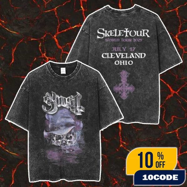 Official Ghost Band Merch Skeletour 2025 July 17 Cleveland Ohio Exclusive Merch Unisex Two Sided Washed T-Shirt