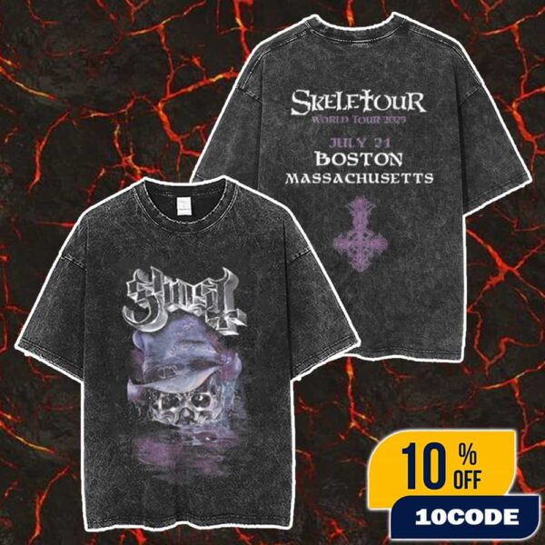 Official Ghost Band Merch Skeletour 2025 July 21 Boston Massachusetts Exclusive Merch Unisex Two Sided Washed T-Shirt