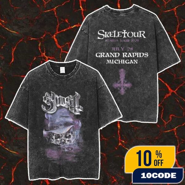 Official Ghost Band Merch Skeletour 2025 July 28 At Grand Rapids Michigan Exclusive Merch Unisex Two Sided Washed T-Shirt