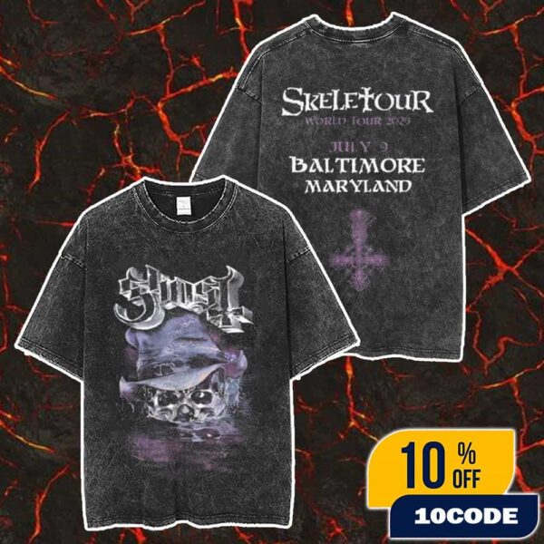 Official Ghost Band Merch Skeletour 2025 July 9 At Baltimore Maryland Exclusive Merch Unisex Two Sided Washed T-Shirt