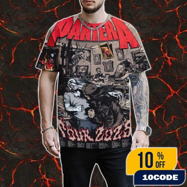 Official Pantera 2025 Tour Poster Lithograph Illustrations Of Various Characters And Elements Of Pantera’s Album Cover With Tour Dates All Over Print Graphic T-Shirt, Hoodie