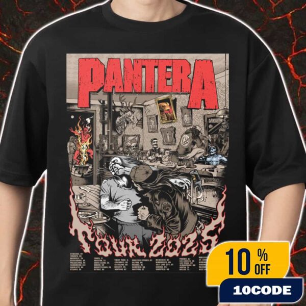Official Pantera 2025 Tour Poster Lithograph Illustrations Of Various Characters And Elements Of Pantera’s Album Cover With Tour Dates Merch Unisex T-Shirt