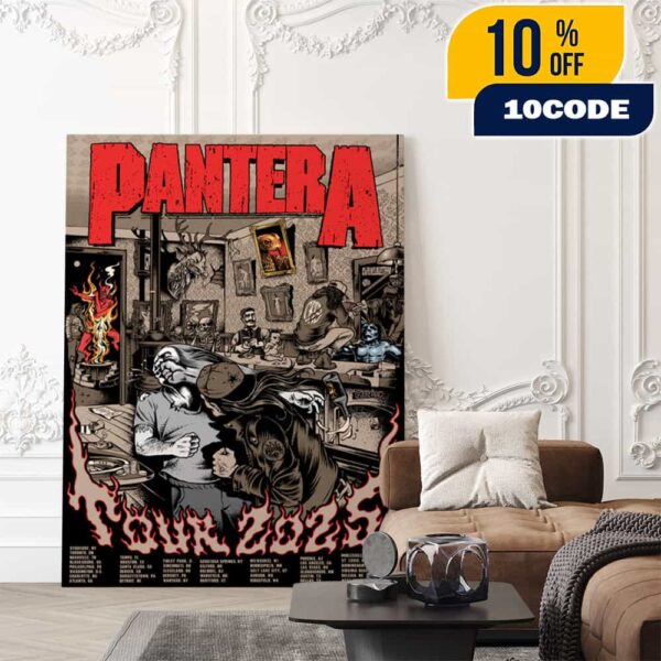 Official Pantera 2025 Tour Poster Lithograph Illustrations Of Various Characters And Elements Of Pantera’s Album Cover With Tour Dates Poster Canvas Home Decor