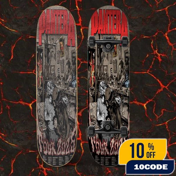 Official Pantera 2025 Tour Poster Lithograph Illustrations Of Various Characters And Elements Of Pantera’s Album Cover With Tour Dates Skateboard Event Deck