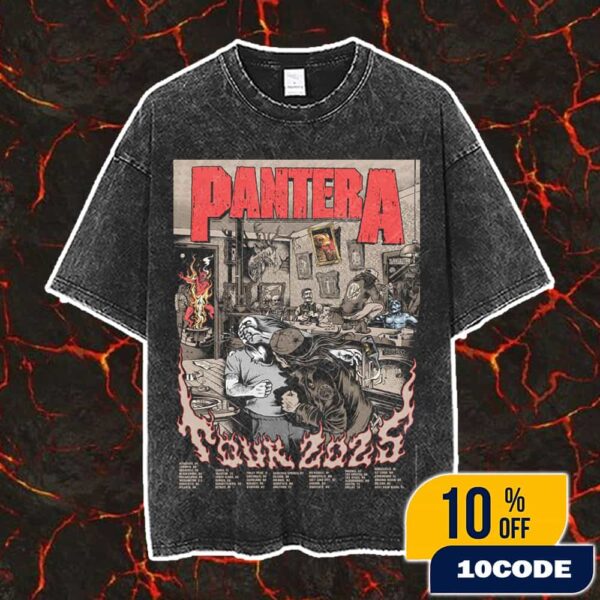 Official Pantera 2025 Tour Poster Lithograph Illustrations Of Various Characters And Elements Of Pantera’s Album Cover With Tour Dates Vintage Washed Unisex T-Shirt
