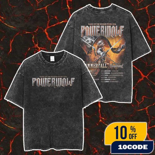 Powerwolf Wake Up The Wicked Tour 2026 With HammerFall And Wind Rose Poster Tour Dates Merch Unisex Two Sided Washed T-Shirt