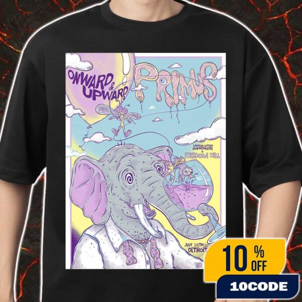 Primus Onward And Upward Tour July 16th 2025 At Michigan Lottery Amphitheatre At Freedom Hill Detroit MI Poster Artwork By Andrew and Rachael Johnson Merch Unisex T-Shirt
