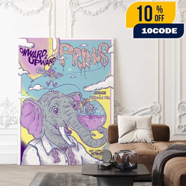 Primus Onward And Upward Tour July 16th 2025 At Michigan Lottery Amphitheatre At Freedom Hill Detroit MI Poster Artwork By Andrew and Rachael Johnson Poster Canvas Home Decor
