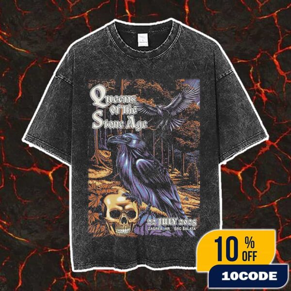 Queens Of The Stone Age The End Is Nero Tour 22 July 2025 At Zagreb HR SRC Salata Poster Artwork By edgarzilla Vintage Washed Unisex T-Shirt