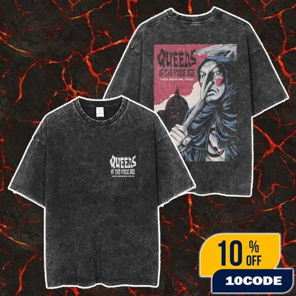 Queens Of The Stone Age The End Is Nero Tour July 15 2025 Pistoia Blues Festival Italy Poster Event Artwork By F4D Studios Merch Unisex Two Sided Washed T-Shirt