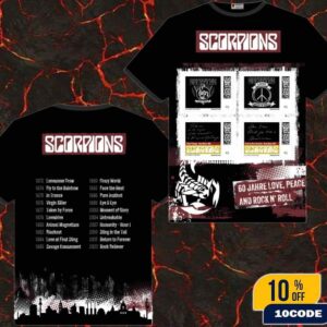 Scorpions European Tour 2025 Universe 60 Year Of Rock Stamp Set Briefmarken-Set Scorpions Merch Tee With 60 Jahre, Love Peace And Rock N’ Roll