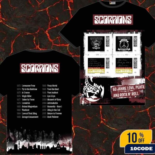 Scorpions European Tour 2025 Universe 60 Year Of Rock Stamp Set Briefmarken-Set Scorpions Merch Tee With 60 Jahre, Love Peace And Rock N’ Roll
