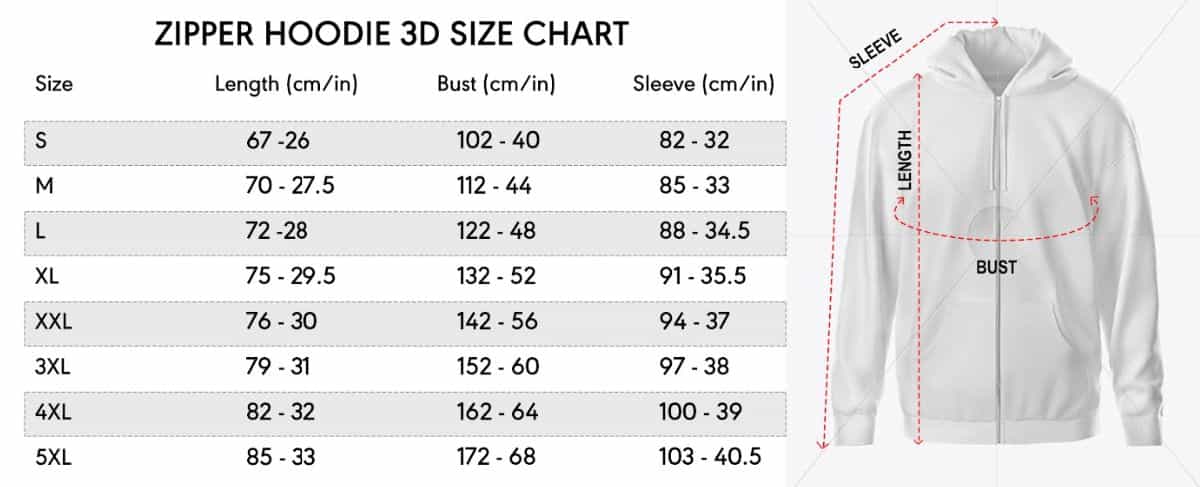 3D Zip Hoodie Size Chart
