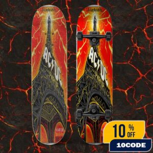 AC/DC PWR UP Tour It’s A Long Way To The Top August 9-13 2025 At Paris France Stade de France Saint Denis Poster Event Artwork By Berkay Daglar Skateboard Event Deck