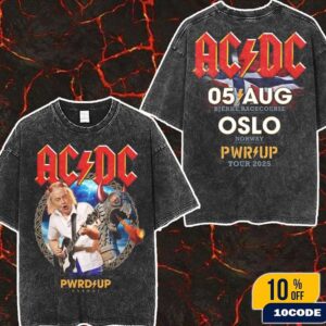 AC/DC PWR UP Tour Norway 2025 Oslo PWR UP Event Tour T-Shirt At Bjerke Racecourse On August 5th 2025 Artwork By Skurktur Merch Two Sides Wash Tee