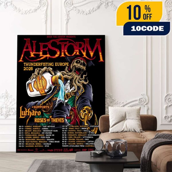 Alestorm Thunderfisting Europe 2025 Tour By Rock The Kristof Presents Poster With Tour Dates Poster Canvas Home Decor