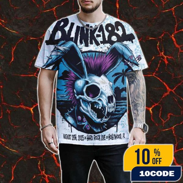 Blink-182 Missionary Impossible 2025 Tour On August 28 2025 At Hard Rock Live Hollywood Florida Poster Artwork By Brandon Heart All Over Print Graphic T-Shirt, Hoodie