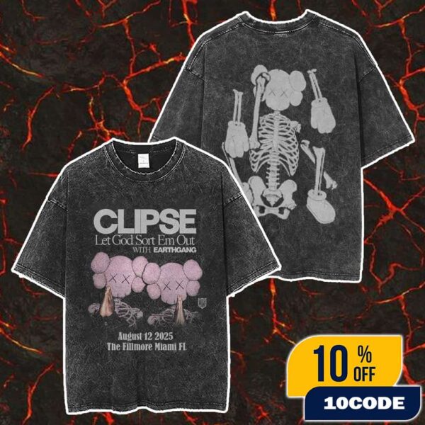 Clipse Let God Sort Em Out With Earthgang Tour August 12 2025 At The Fillmore Miami FL Collab With KAWS Artwork Merch Unisex Two Sided Washed T-Shirt