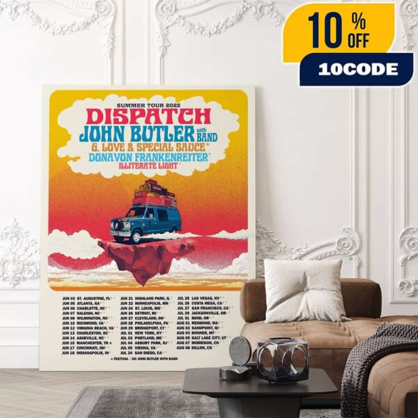 Dispatch Summer Tour 2025 With John Butler x G Love x Special Sauce Donavon Frankenreiter x Illiterate Light Poster Tour Dates Poster Canvas Home Decor