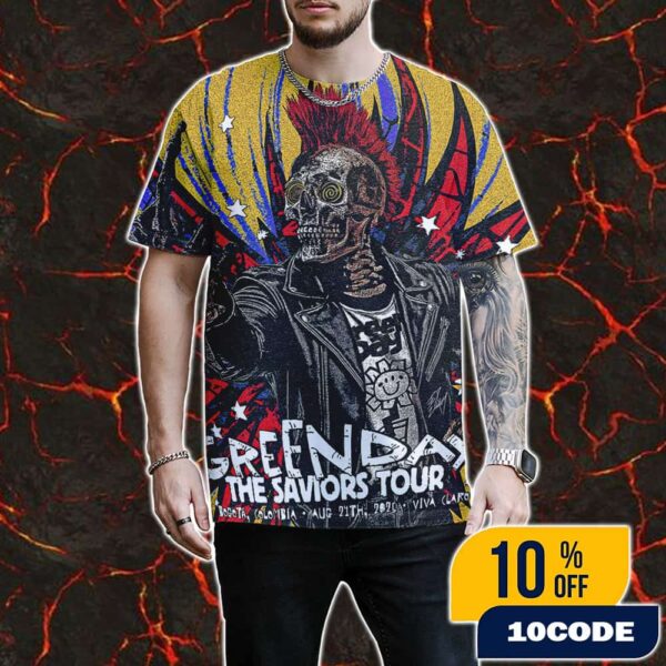 Green Day Comeback In Colombia The Saviors Tour North America 2025 August 24 At Vive Claro Distrito Bogota Poster Artwork By Edgar Jimenez All Over Print Graphic T-Shirt, Hoodie