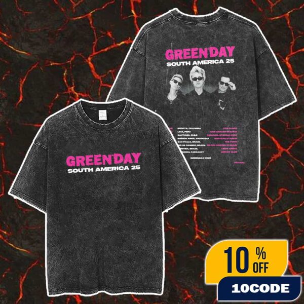 Green Day South America 2025 Poster Tour Dates Merch Unisex Two Sided Washed T-Shirt