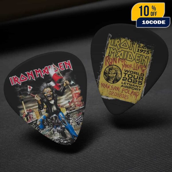 Iron Maiden Run For Your Lives World Tour 2025 Eddie The Head Artwork Event Tee From The Show At PGE Narodowy Warsaw Poland August 2 2025 Guitar Pick