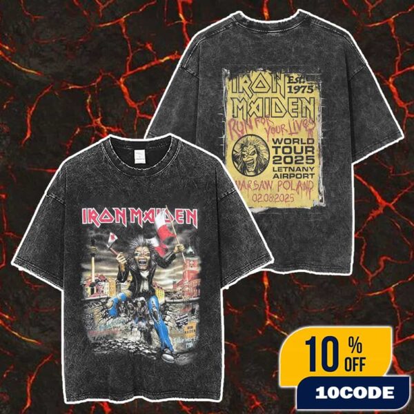 Iron Maiden Run For Your Lives World Tour 2025 Eddie The Head Artwork Event Tee From The Show At PGE Narodowy Warsaw Poland August 2 2025 Merch Unisex Two Sided Washed T-Shirt