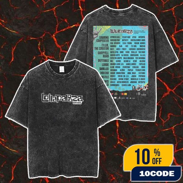 Lollapalooza Brasil 2026 On March 20-21-22 2026 At Autodromo De Interlagos Sao Paulo Brasil Multi-day Music Festival With Lineup Merch Unisex Two Sided Washed T-Shirt