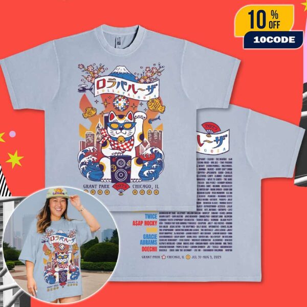 Lollapalooza July 31-August 3 2025 At Grant Park Chicago Illinois New 2025 Lucky Cat Lineup Tee Artwork By Akane Yabushita