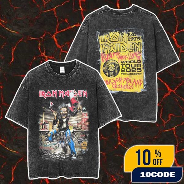 Iron Maiden Run For Your Lives World Tour 2025 Eddie The Head Artwork Event Tee From The Show At PGE Narodowy Warsaw Poland August 2 2025 Merch Unisex Two Sided Washed T-Shirt