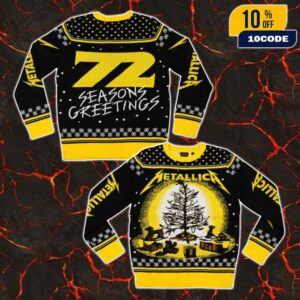 Metallica 72 Seasons Burnt Tree Holiday Yellow Color Pattern Snowflakes Christmas Gift Ugly Sweater For Heavy Metal Fans