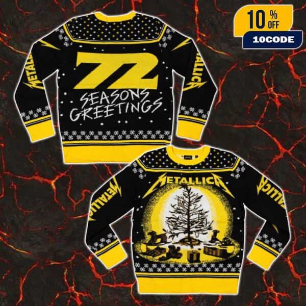 Metallica 72 Seasons Burnt Tree Holiday Yellow Color Pattern Snowflakes Christmas Gift Ugly Sweater For Heavy Metal Fans
