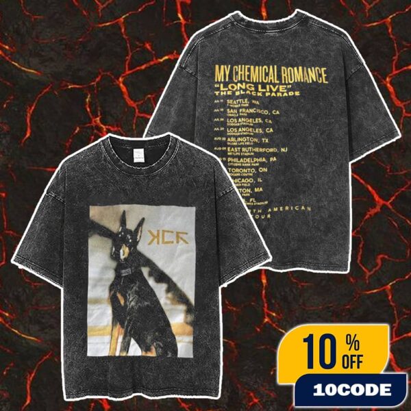 My Chemical Romance Long Live The Black Parade Tour 2025 North American Stadium Tour Dates Doberman Artwork Front Print Merch Unisex Two Sided Washed T-Shirt
