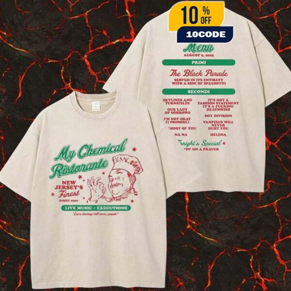 My Chemical Romance Official Merchandise Long Live The Black Parade Tour 2025 My Chemical Ristorante New Jersey’s Finest By Kerin Cunningham August 22 2025 Two Sides Washed Unisex T-Shirt