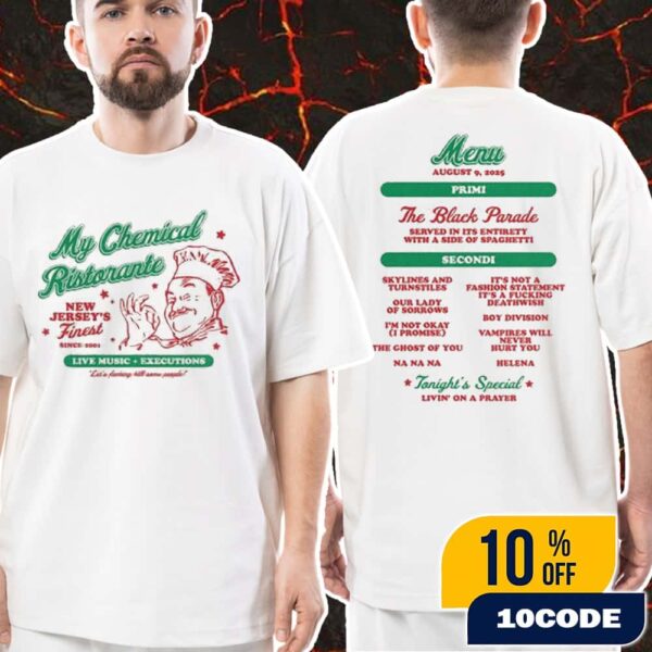 My Chemical Romance Official Merchandise Long Live The Black Parade Tour 2025 My Chemical Ristorante New Jersey’s Finest By Kerin Cunningham August 22 2025 Unisex T-Shirt Merch