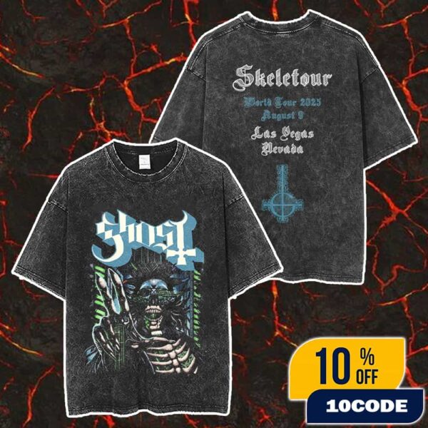 Official Ghost Skeletour World Tour August 9 2025 At Las Vegas MGM Grand Garden Arena Cyborg Artwork Version Merch Unisex Two Sided Washed T-Shirt