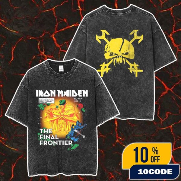 Official Iron Maiden Merchandise 15th Anniversary Of The Final Frontier Comic Cover Eddie Artwork Merch Unisex Two Sided Washed T-Shirt