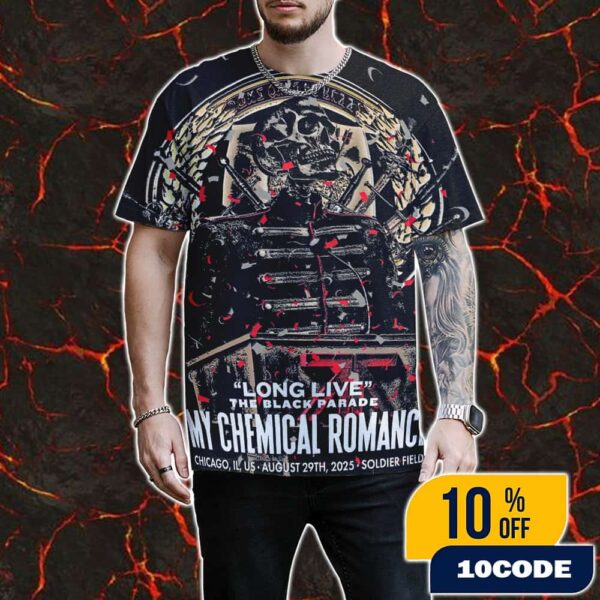 Poster For My Chemical Romance Long Live The Black Parade Tour On Augst 29 2025 At Soldier Field Chicago IL Poster Event Artwork By Edgar Jimenez All Over Print Graphic T-Shirt, Hoodie