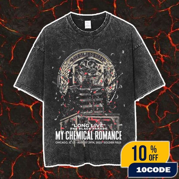 Poster For My Chemical Romance Long Live The Black Parade Tour On Augst 29 2025 At Soldier Field Chicago IL Poster Event Artwork By Edgar Jimenez Vintage Washed Unisex T-Shirt