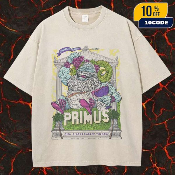 Primus Onward And Upward Summer Tour August 6 2025 At The Greek Theatre Los Angeles California With Ty Segall Artwork Poster By Garrett Morlan Unisex Washed Tee